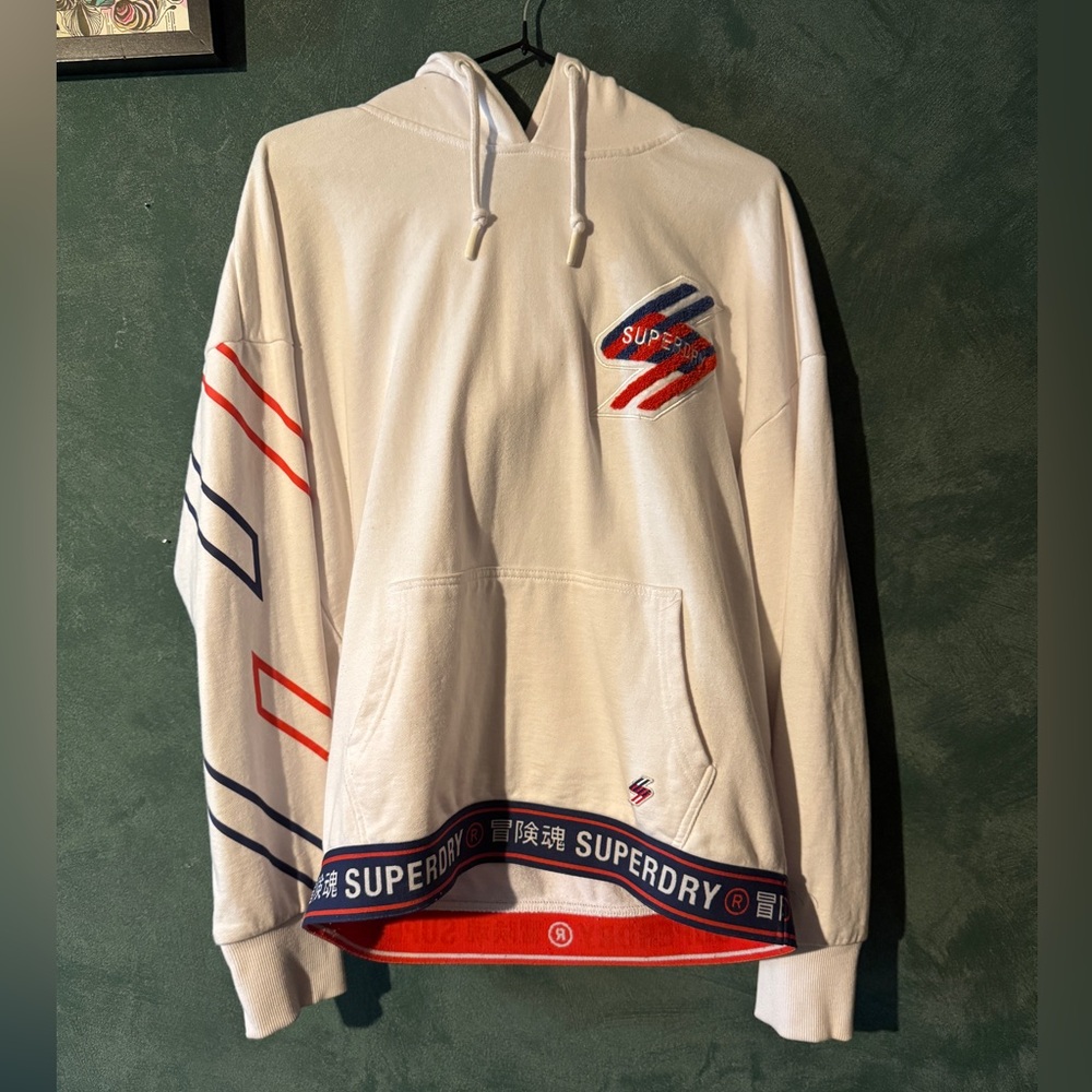 Superdry White Hoodie with Red and Blue Accents